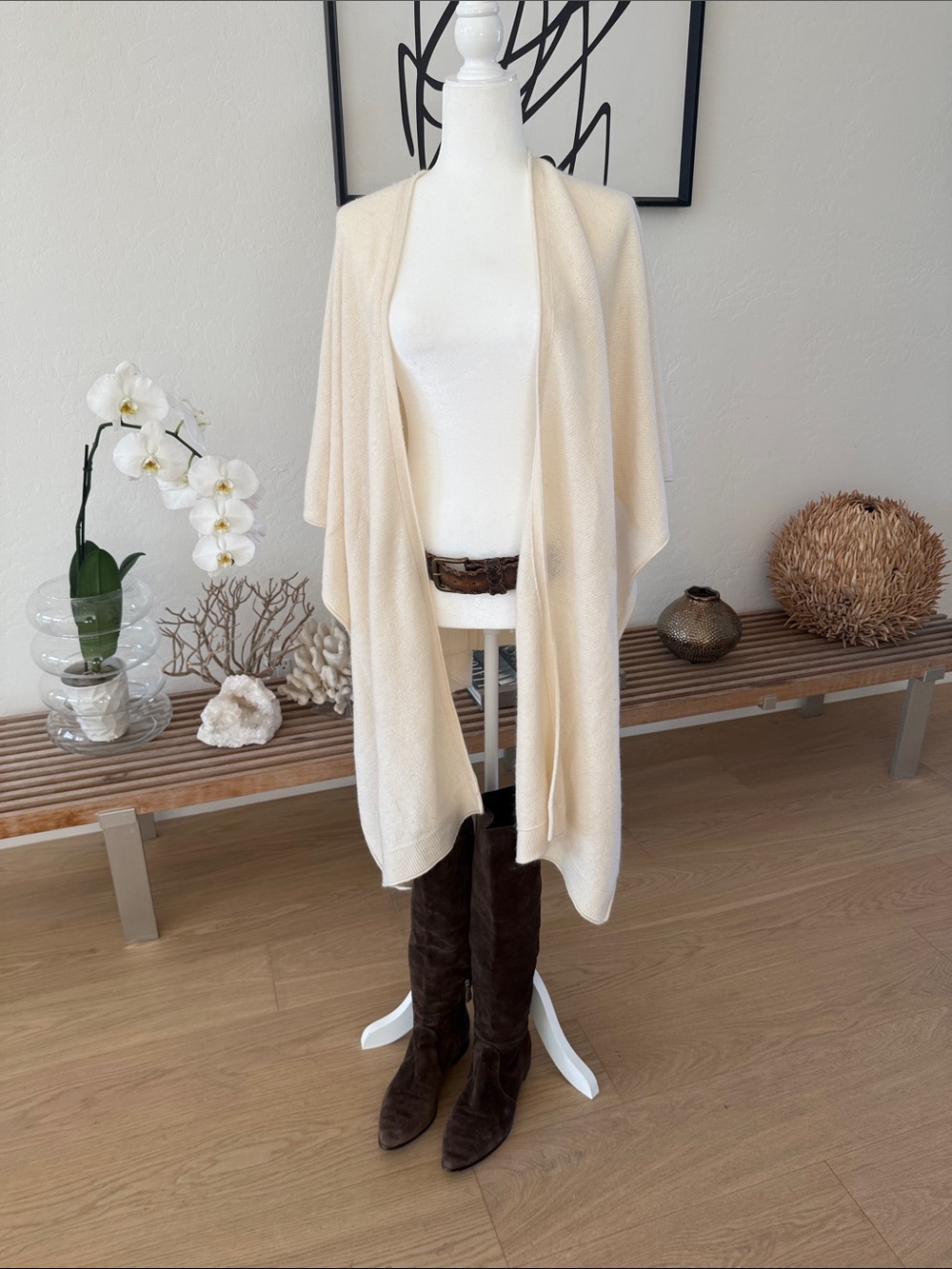 Alice + Olivia Cream Open-Front Lightweight cashmere Drape Cardigan wrap